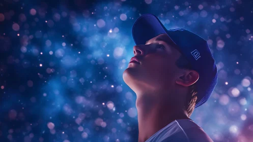 Side profile of boy in cap against blue bokeh background.