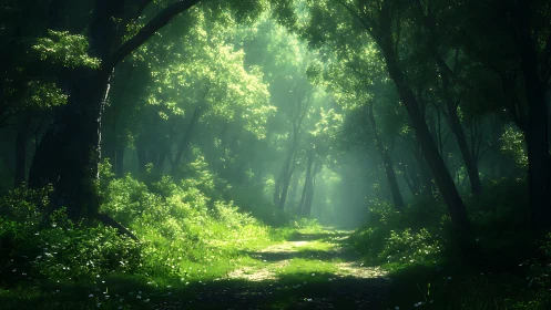 Luminescent Forest Canopy with Volumetric Light Rays Through Dense Arboreal Corridor