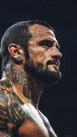 Tattooed combat athlete in high-contrast ringside portrait.