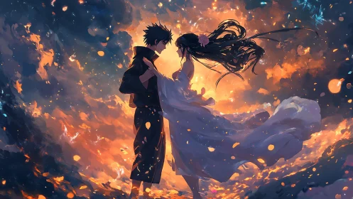Starlit lovers drift in a swirling sky of embers and petals.