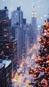 Snowy city avenue glows with festive holiday lights at dusk