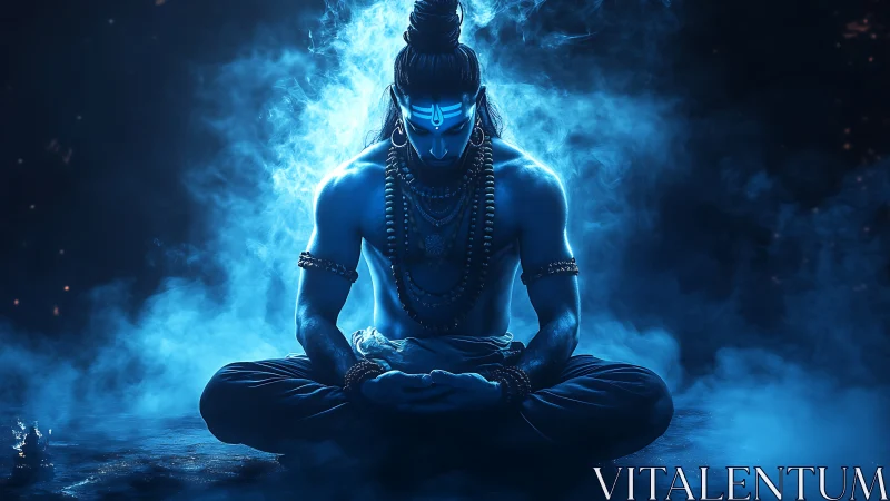 Blue-lit yogi in deep meditation amid swirling ethereal smoke.