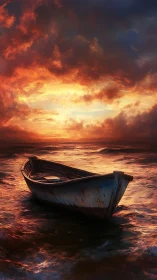Weathered wooden rowboat adrift on luminous sunset surf