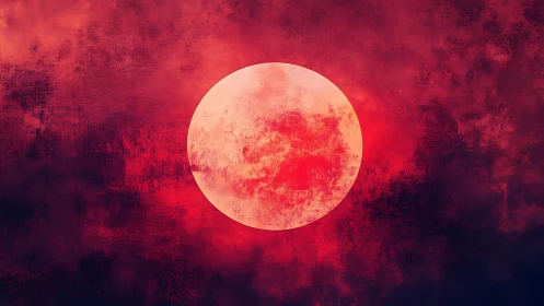 Crimson abstract moon over textured cosmic skyscape.