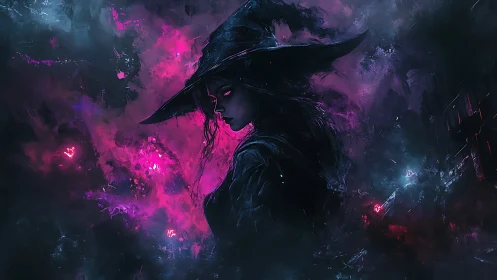 Dark witch silhouette commands swirling neon arcane storm