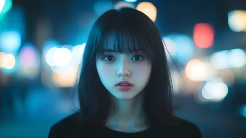 Digital portrait of young woman in night city bokeh lighting.