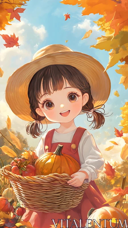 Young girl holding autumn harvest basket outdoors.