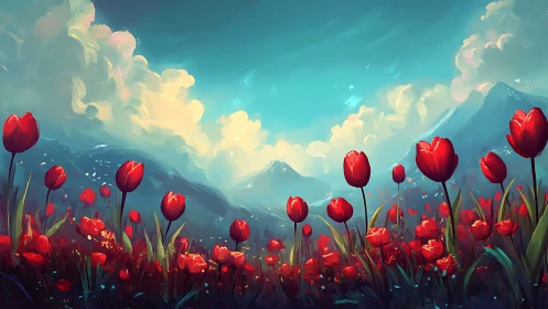 Red Tulip Field Mountain Landscape Digital Paint.