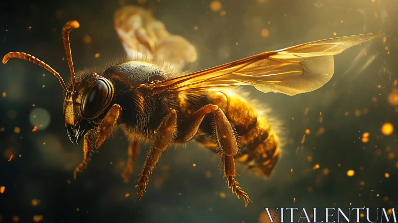 Golden wasp hovers in glowing dust under dramatic light
