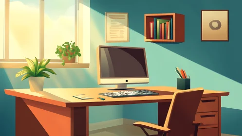 Sunlit workspace shows organized desk and computer setup