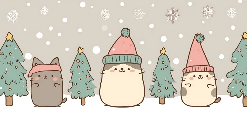 Cozy Winter Cats and Christmas Trees in Gentle Snow.