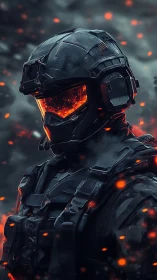 Molten visor soldier stands calm amid drifting sparks