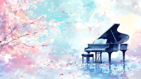 Grand piano under pastel cherry blossoms at sunrise.