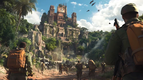 Jungle soldiers advance on colossal ruined fortress at dawn.