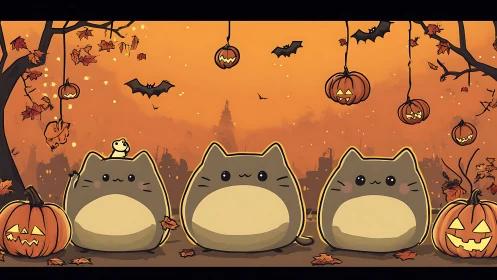 Three Anthropomorphic Cats in Halloween Scene with Pumpkins and Bats
