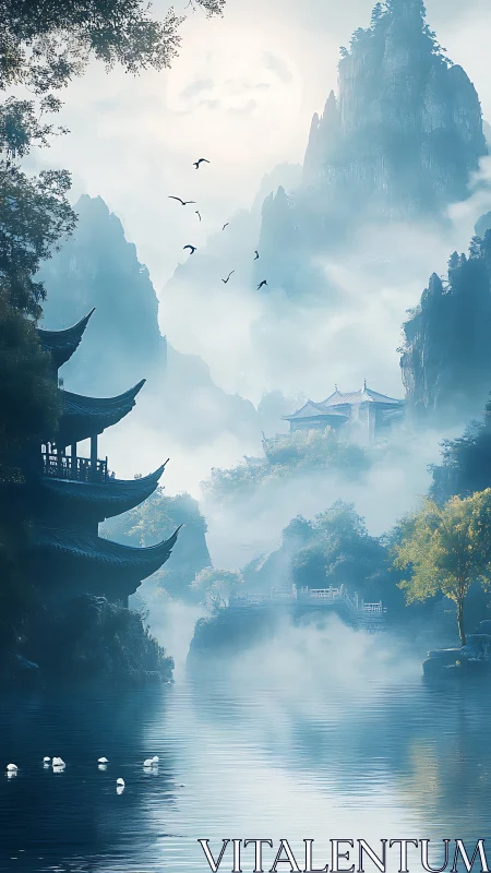 Misty mountain temples resting beside a calm moonlit river.