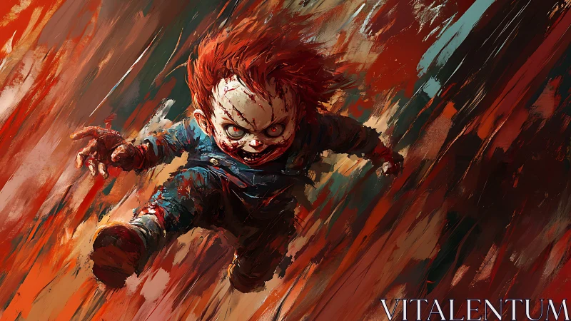 Red‑haired nightmare doll hurtles through a bloodstorm.