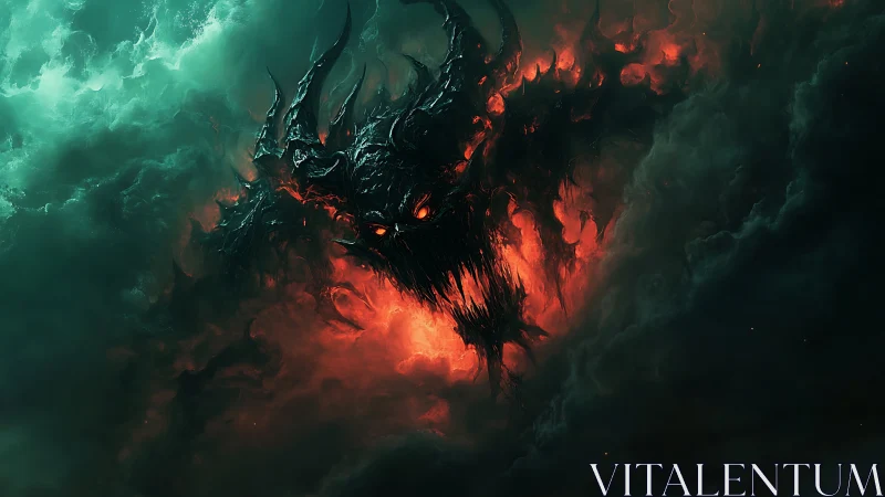 Digital painting of demonic fire entity in storm clouds.