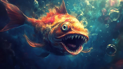 Predatory orange fish with open jaws in deep blue water.