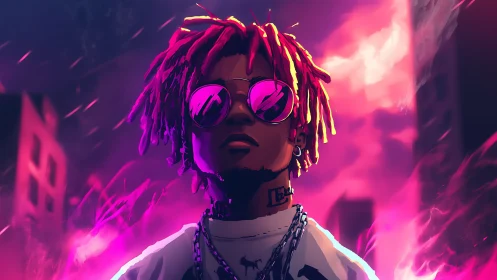 Electric city glow surrounds a confident neon-drenched rebel