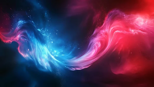 Abstract blue and red light waves in dark digital space.