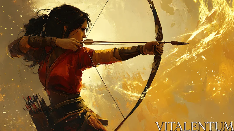 Dynamic digital painting of archer in golden backlight.