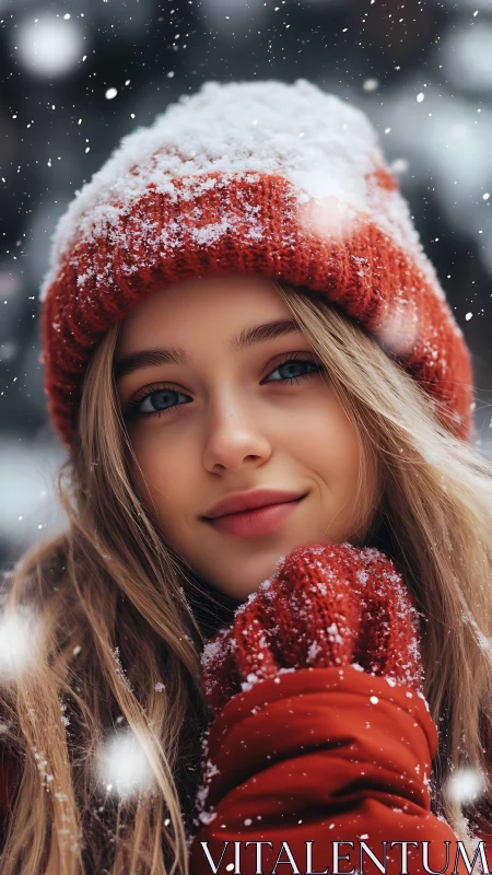 Winter portrait highlights serene smile amid falling snow.