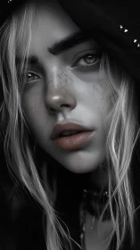 Moody monochrome portrait of hooded young woman.