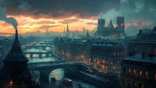 Cinematic winter cityscape renders atmospheric sunset over river