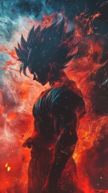 Silhouetted warrior in fiery red and blue energy field.