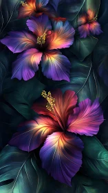 Image shows digitally rendered hibiscus flowers on dark foliage