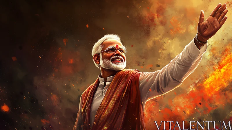 Elder leader raises hand amid blazing orange light