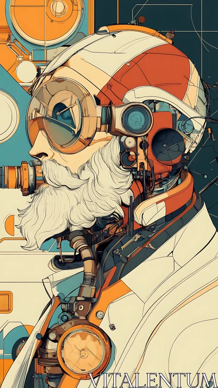 Retro-futurist cyborg scientist in teal and ember circuits.