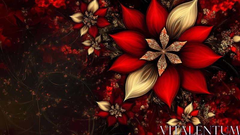 Crimson fractal petals bloom over a dark shimmering field.
