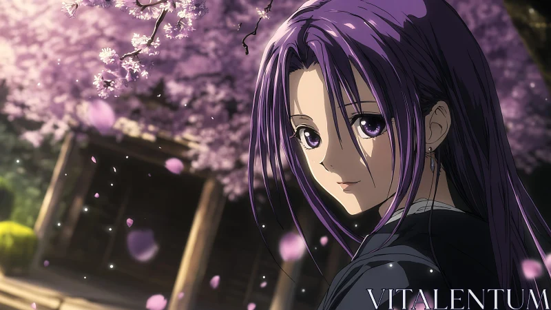 Purple haired character stands beneath blooming cherry trees