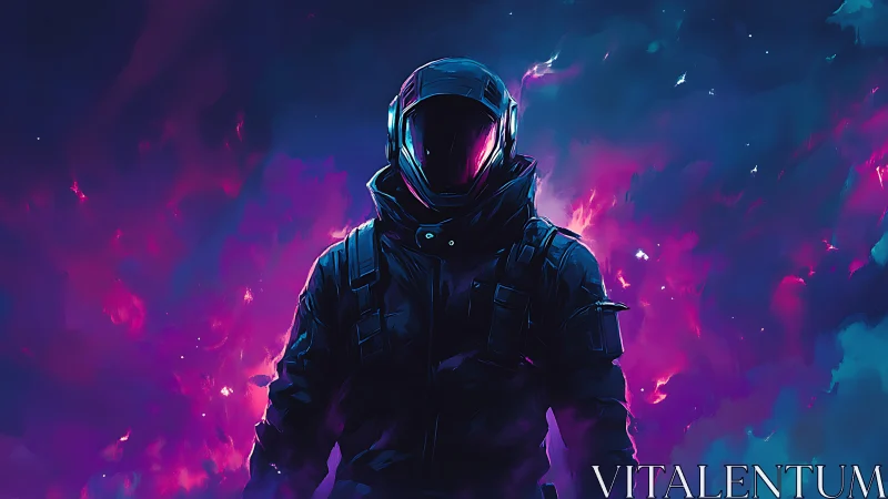 Neon void wanderer strides through cosmic electric storm.