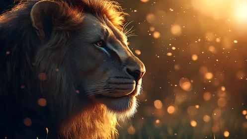 Golden sunset lion gazing softly into warm evening light.