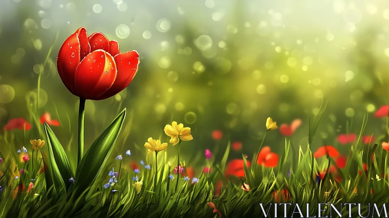 Red tulip with bokeh background demonstrates depth-of-field rendering and floral focus composition