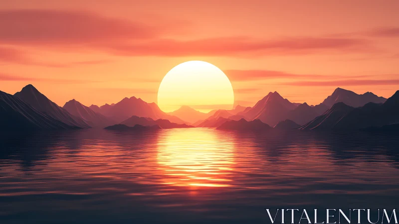 Sun sets behind digital mountain range over reflective water.