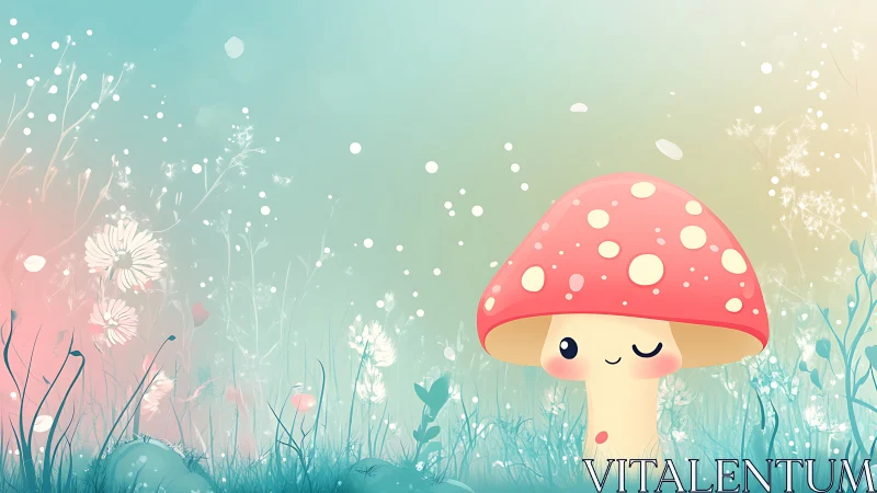 Cute winking mushroom character in pastel fantasy meadow.