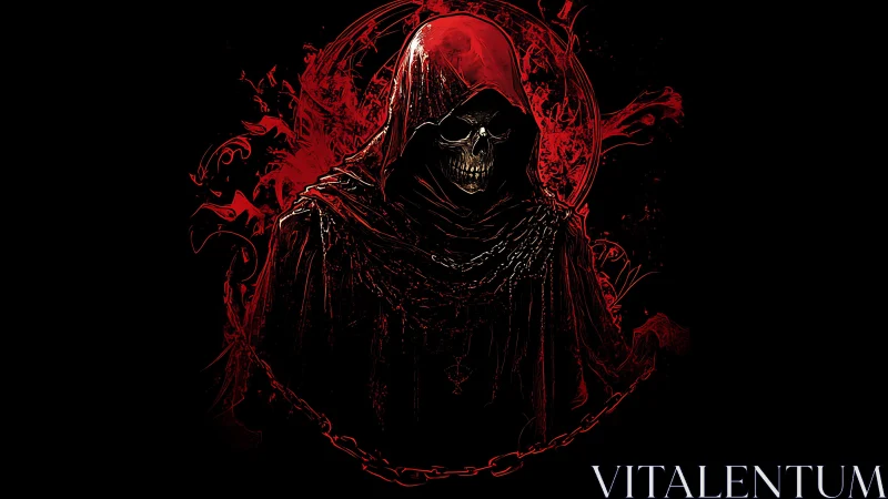 Grim reaper in crimson shroud radiates dark infernal power