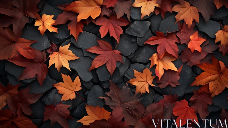 Red and orange maple leaves lie on dark, smooth stones