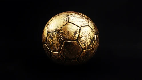 Weathered metallic gold soccer ball on deep black background