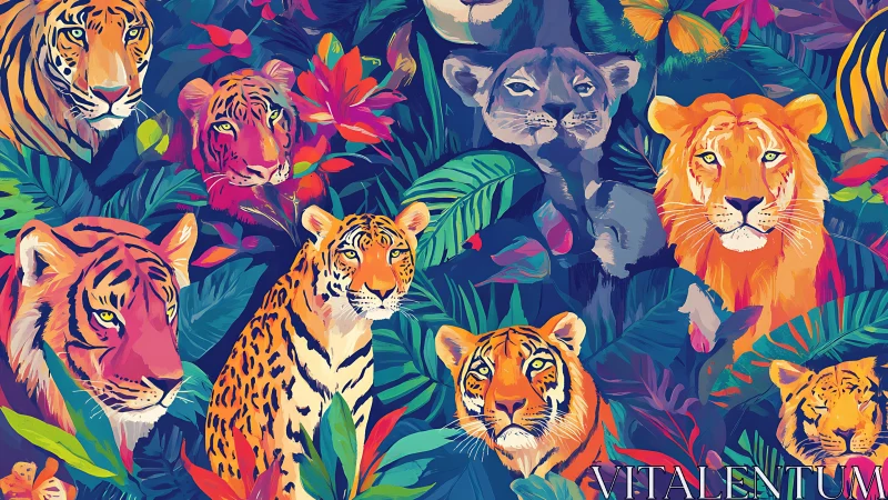 Vibrant Big Cats Among Tropical Flowers in Wild Jungle Scene