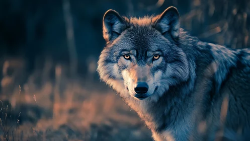 Cinematic wolf portrait uses cool-warm contrast and shallow focus