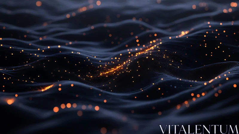 Shimmering data waves with glowing particle currents at dusk.