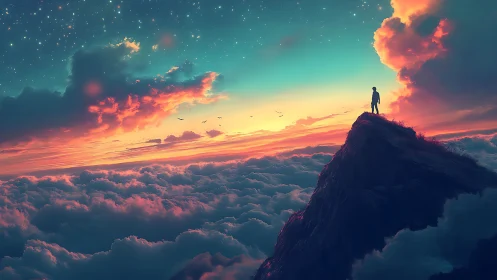 Solitary figure above clouds under iridescent twilight sky.