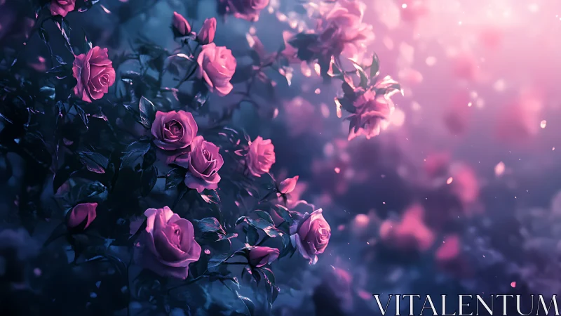 Luminous Pink Roses in Nocturnal Depth: Cinematic Floral Study.