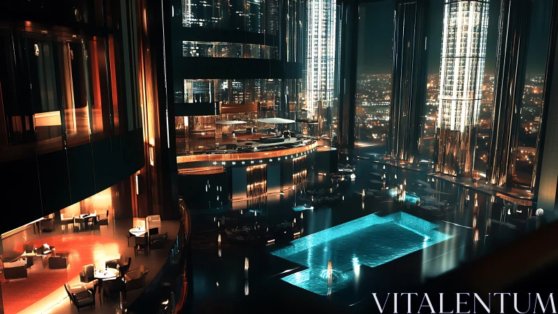 Skyline oasis lounge above a neon city of mirrored towers.