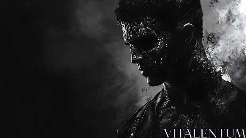 Shadowed warrior dissolves into smoke and cracked darkness.